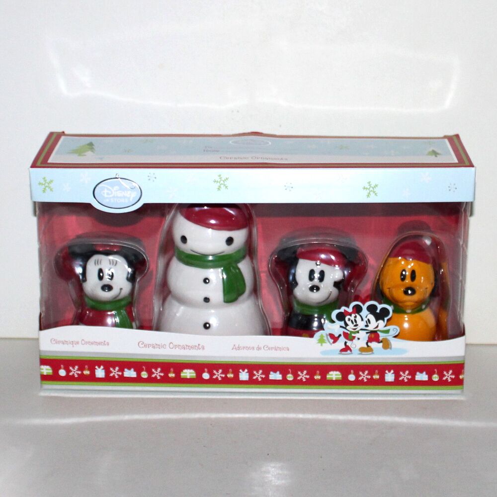 4 Disney Store Christmas Ornaments set ceramic Mickey Minnie Pluto Snowman
